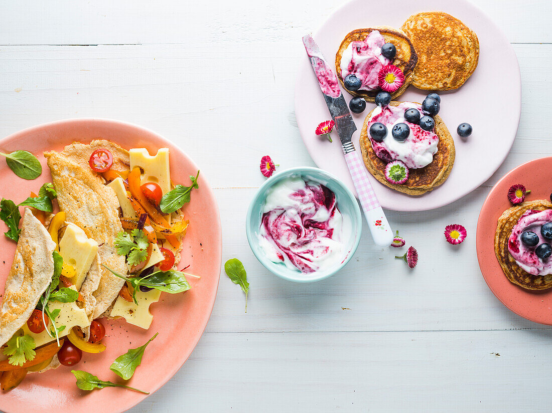 Savoury Crepe and pancakes on pink plates