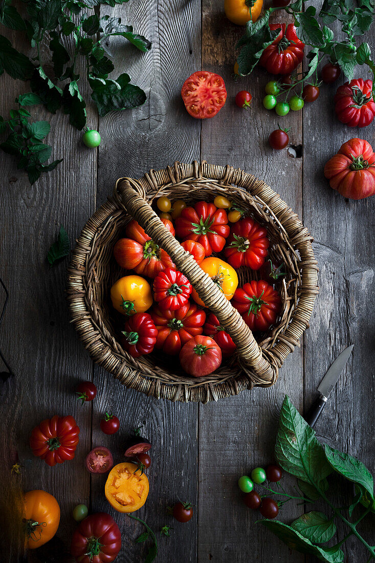 A basket of heirloom tomatoes