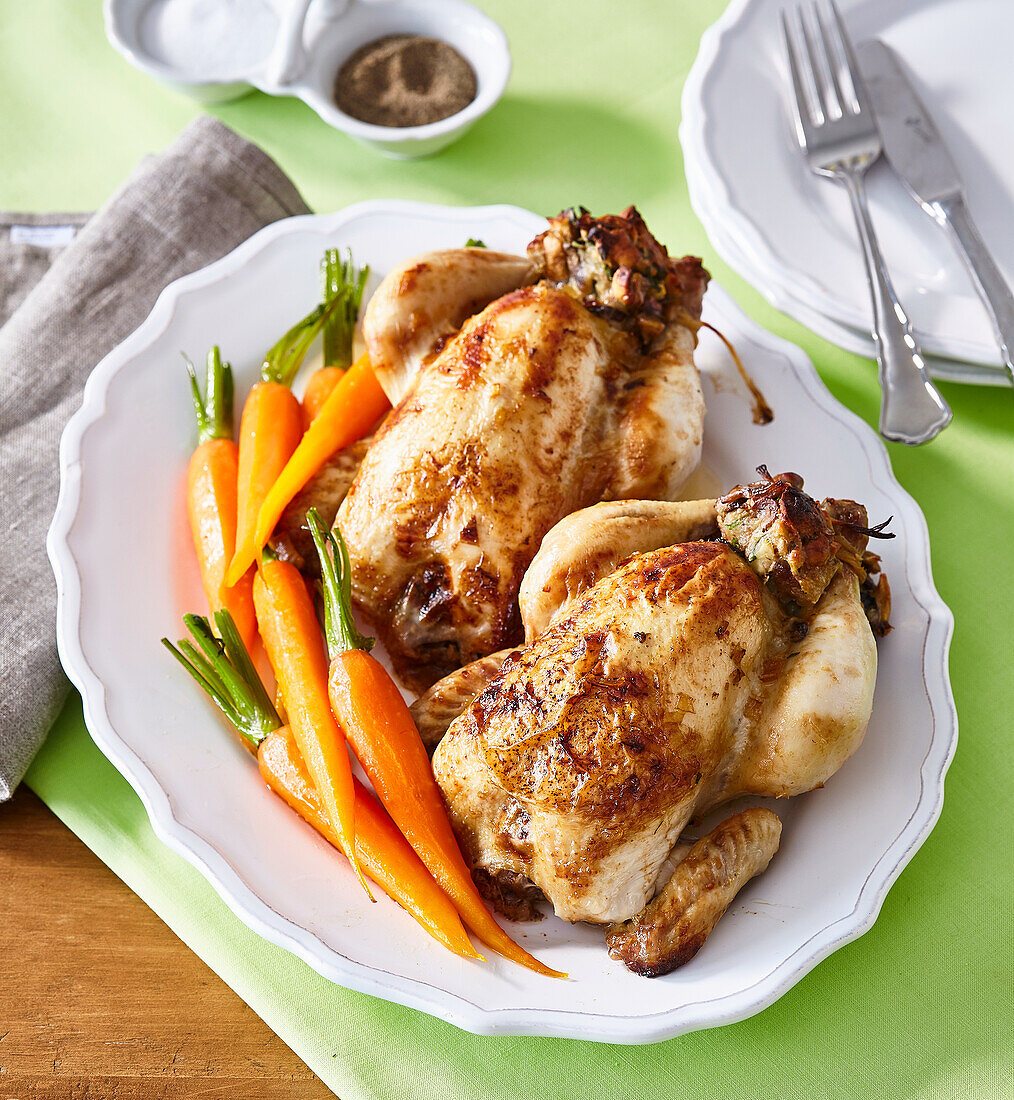 Stuffed spring chicken with glazed carrot