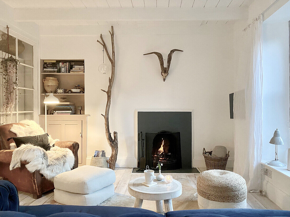 Living room with comfortable armchairs, shelves, decorative branches, and antlers over a fireplace