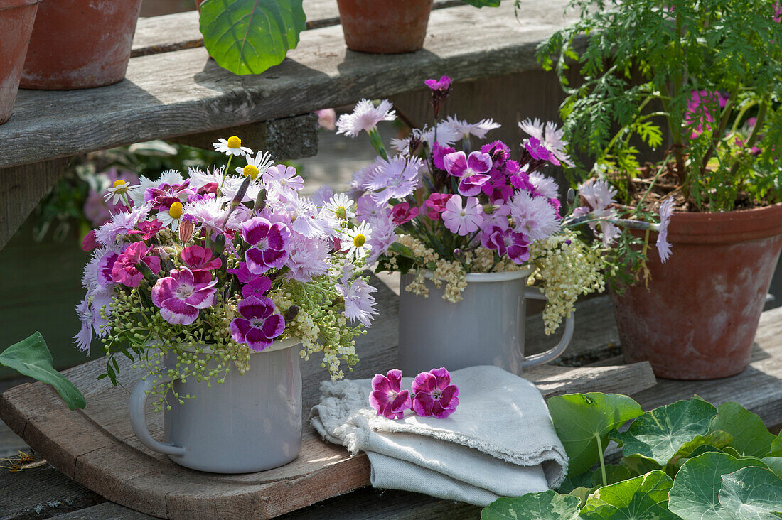 Small bouquets of carnations, elder flowers, camomile flowers and red campion in enamel cups