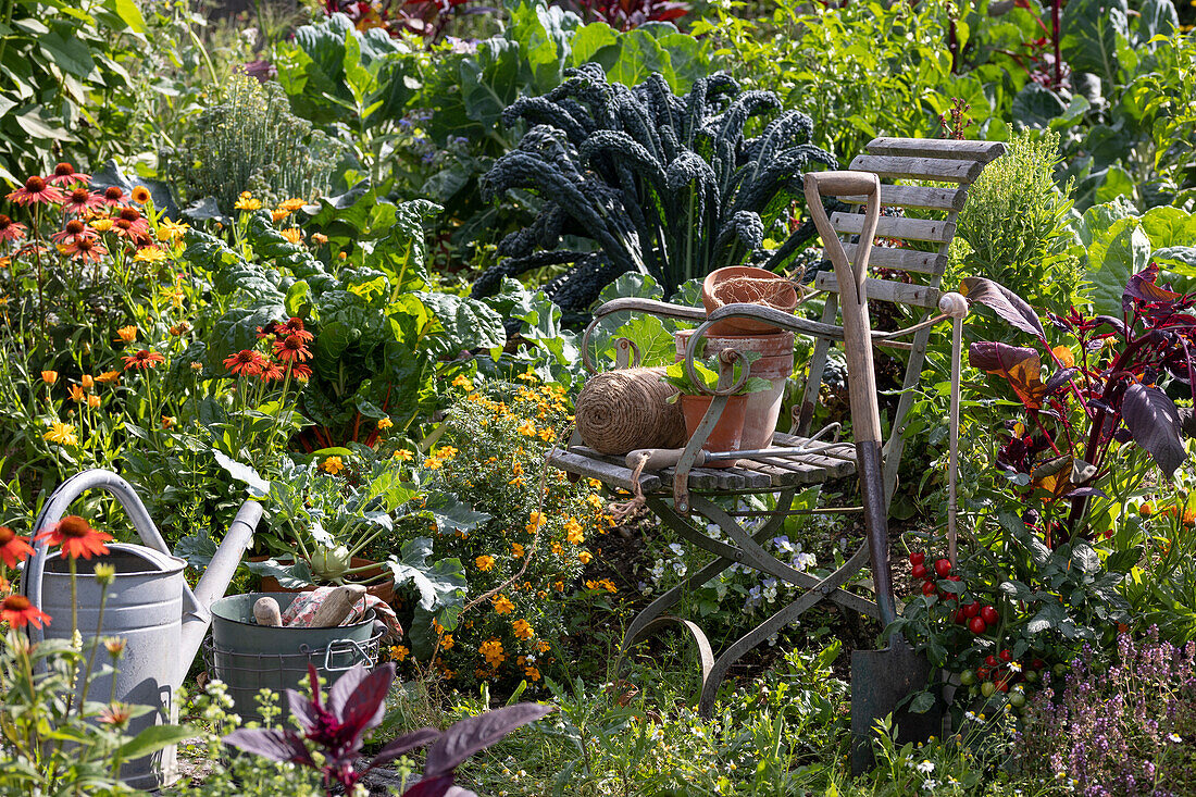 Bistro chair in a cottage garden between the vegetables and perennials