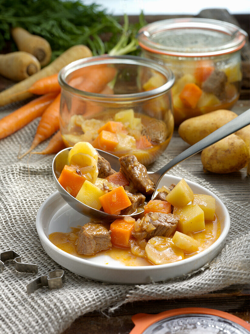 Preserved beef stew with parsnips and carrots