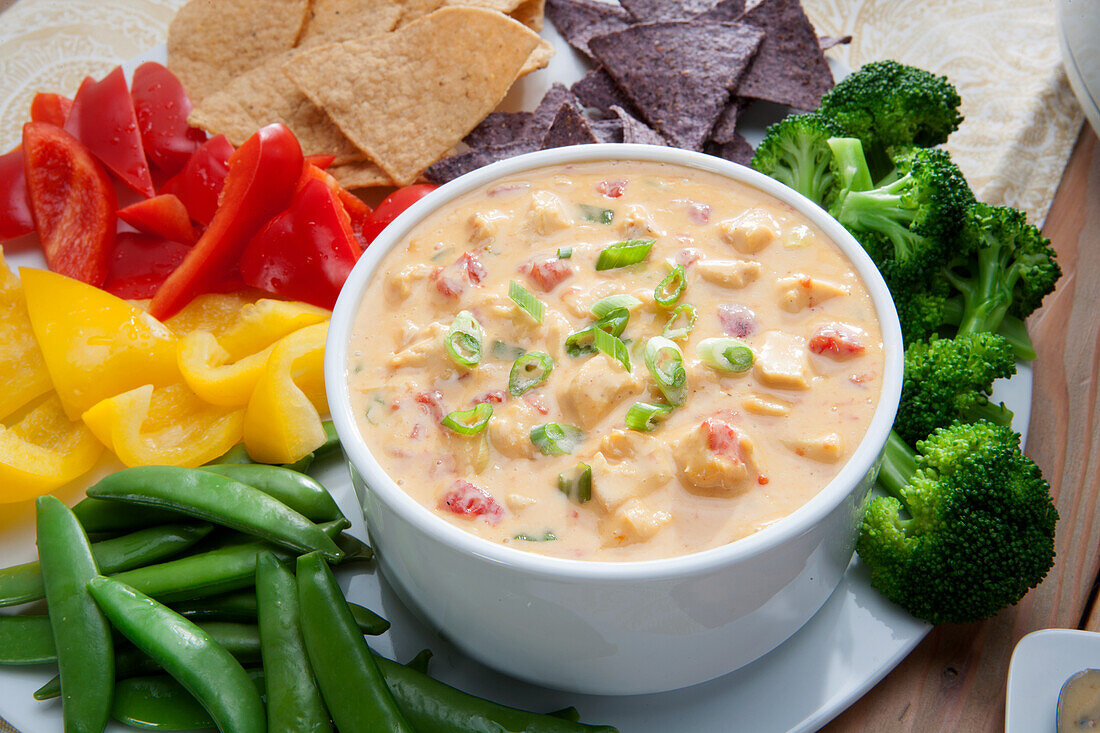 Bowl of chicken and cheese dip with vegetables and tortilla chips