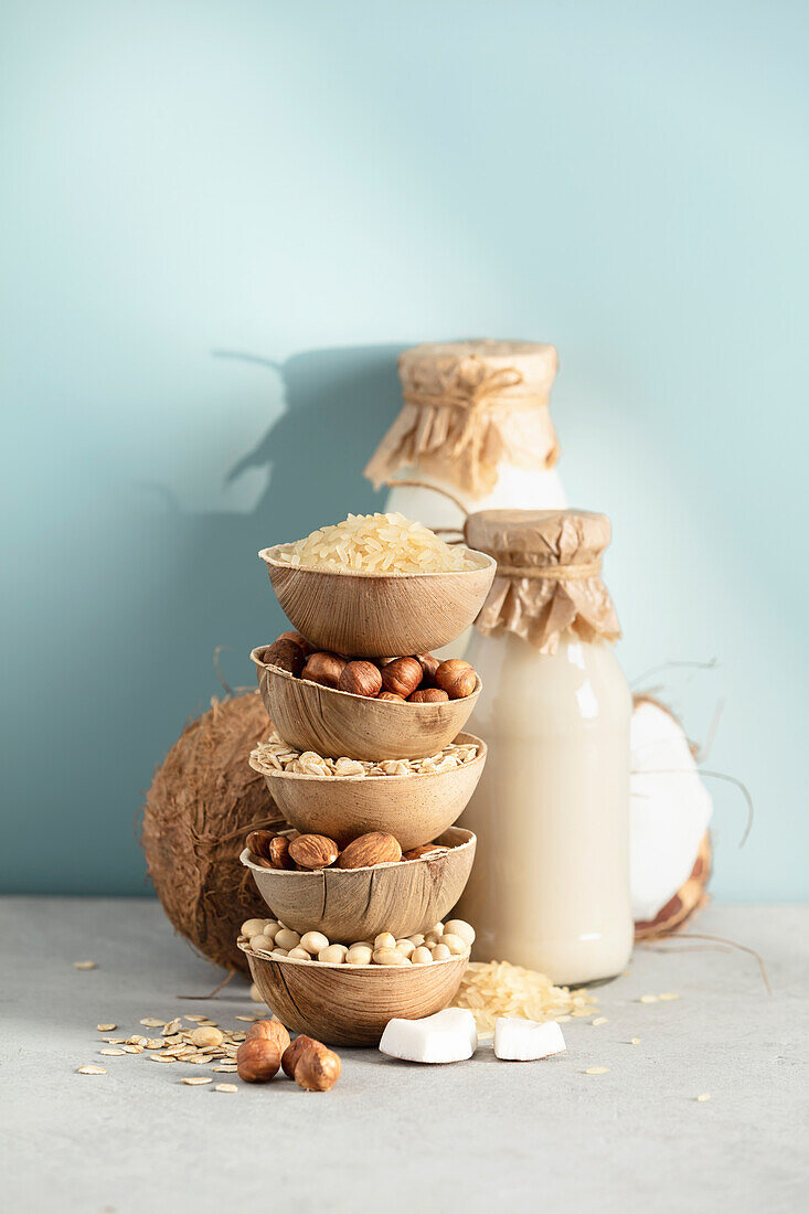 Rice, oat, almond, hazelnut and soy beans in natural bowls and vegan milk in the background