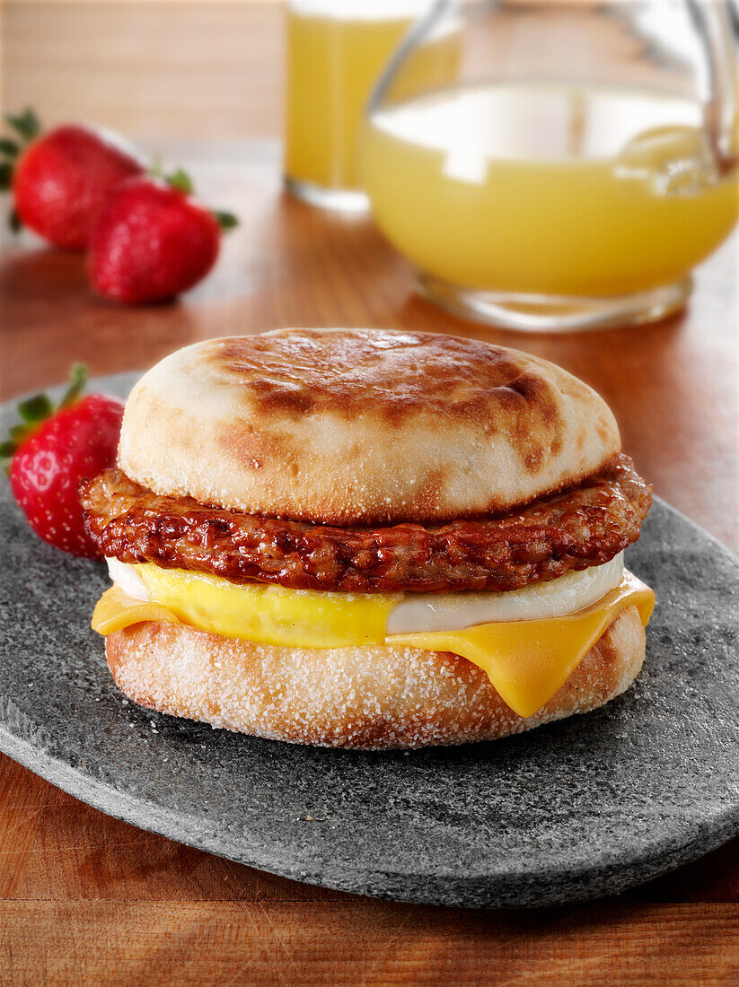 Mexican Chorizo sausage patty with fried egg and cheese on an english muffin breakfast sandwich