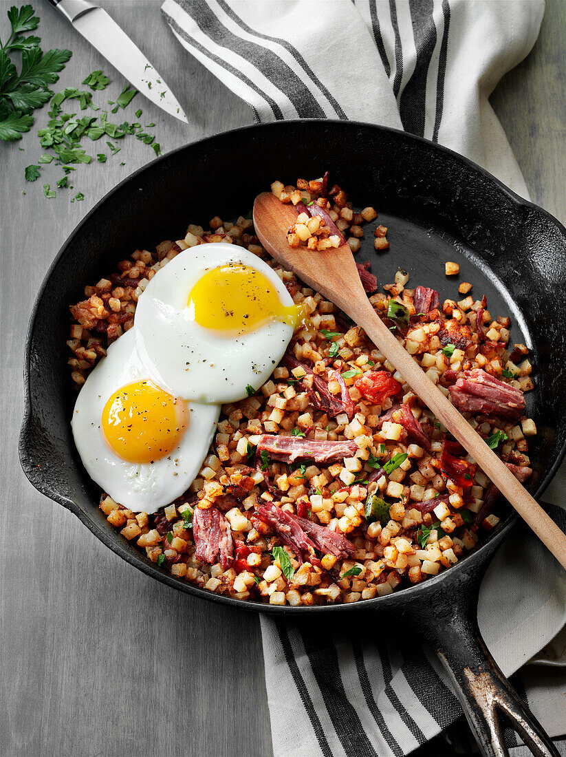 Corned beef hash and fried eggs