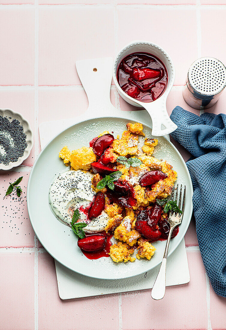 Shredded polenta pancake with plum compote and poppyseed yoghurt