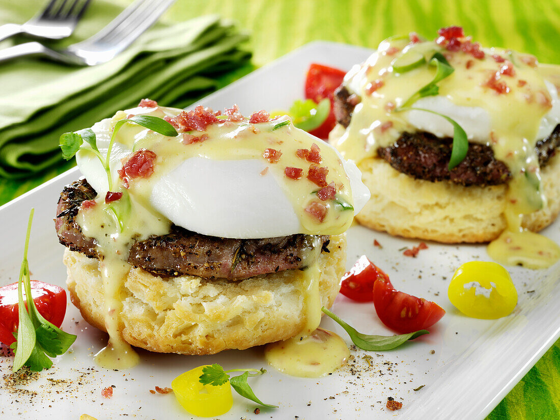 Blackened pork sausage patty Eggs Benedict with a poached egg and Hollandaise sauce on biscuits
