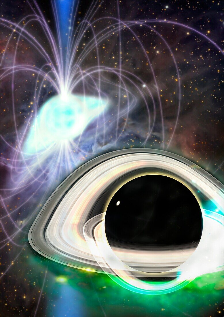 Neutron star near a supermassive black hole, illustration