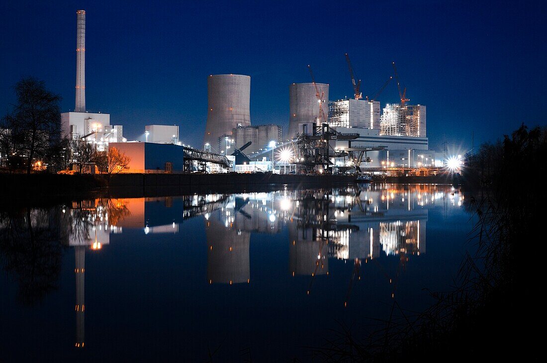 Hard-coal-fired power plant construction site at night