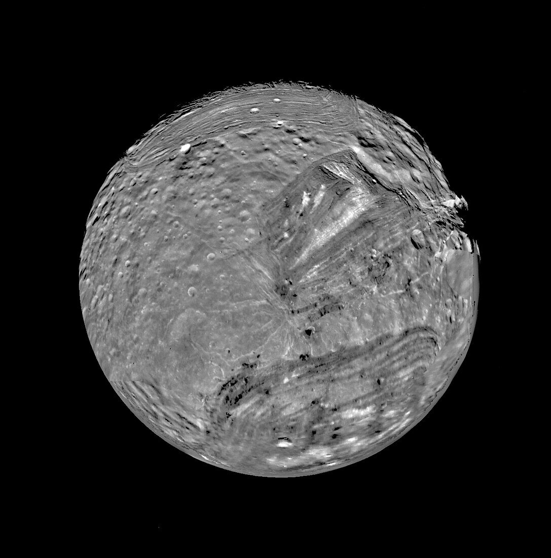 Uranus' moon Miranda, Voyager 2 mosaic image