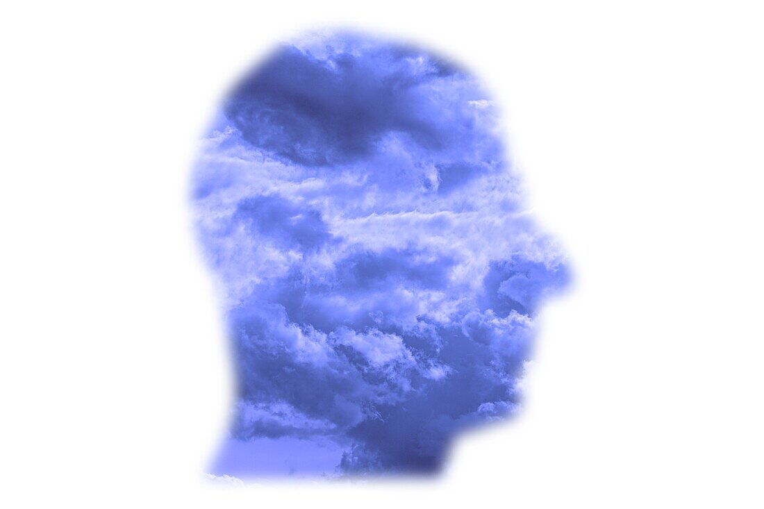 Head in the clouds, conceptual composite image