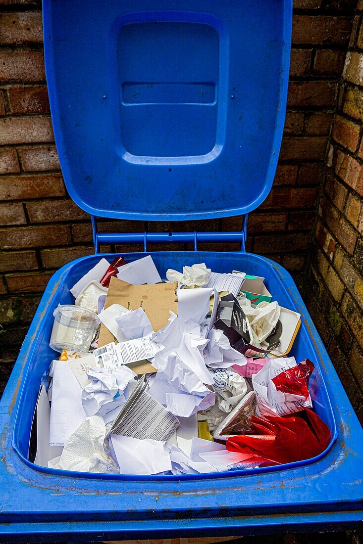 Paper packaging in open recycling bin