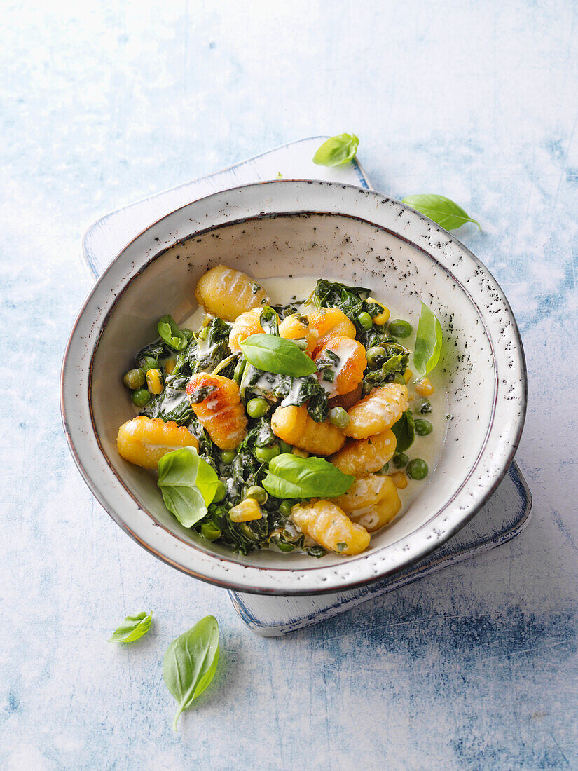 Spring gnocchi with peas, spinach and sweetcorn