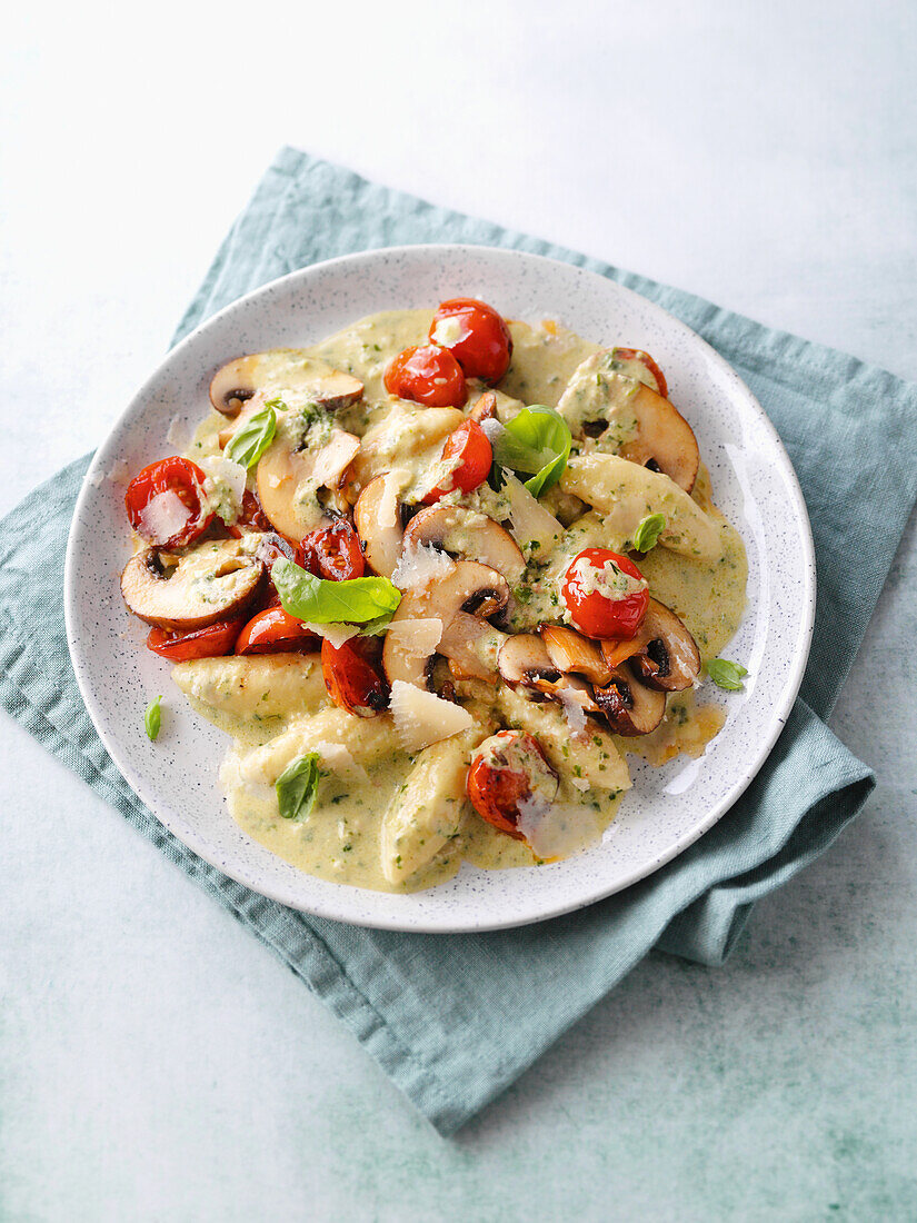 Italian-style potato orzo pasta with mushrooms and cherry tomatoes