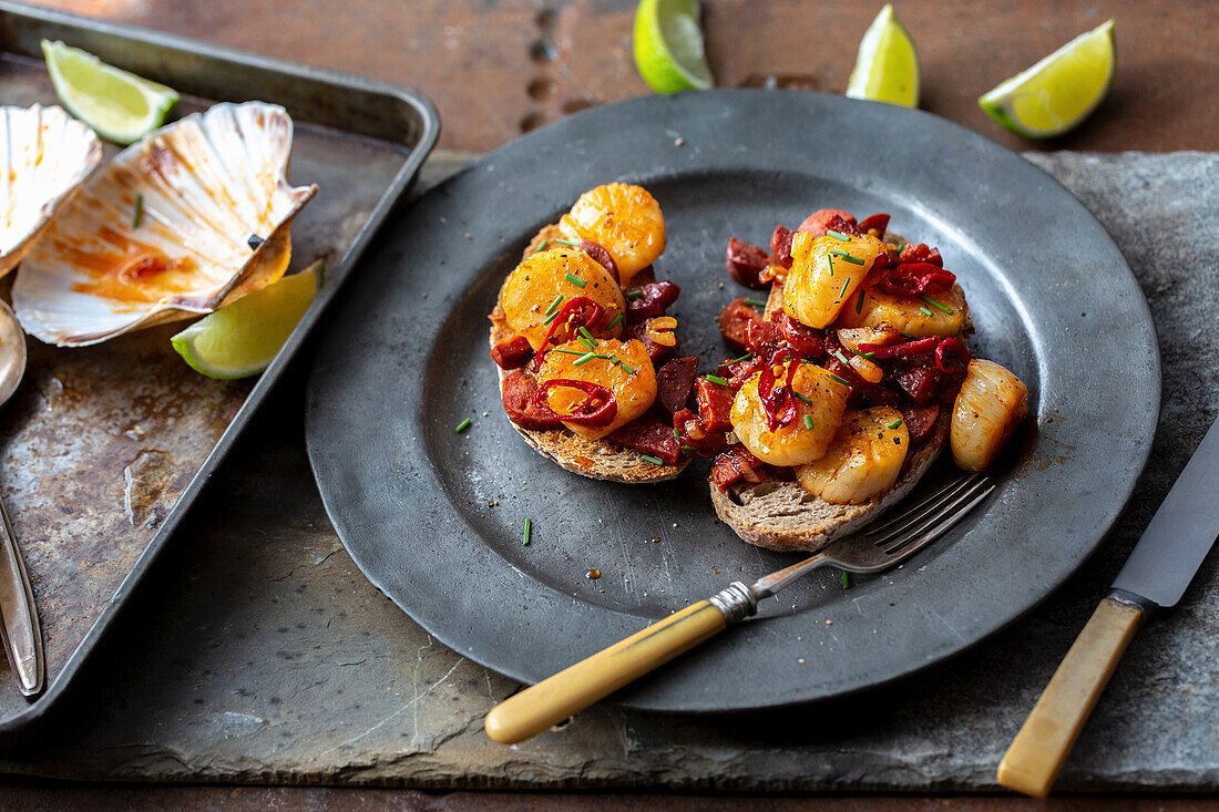 Soda bread with scallops, chorizo, chilli and lime