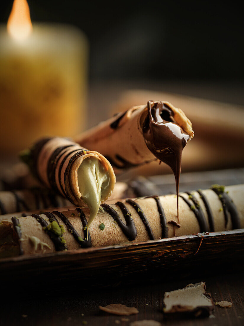 Stuffed wafer rolls with chocolate and pistachio cream