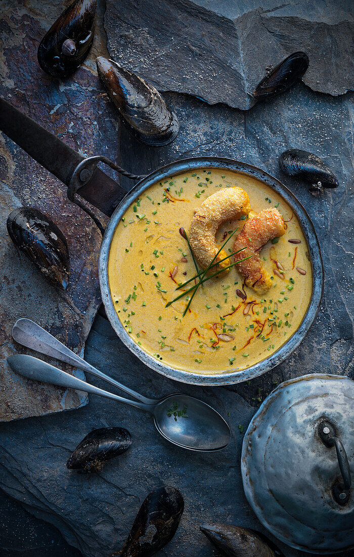 Cream of mussel soup with breaded prawns and saffron