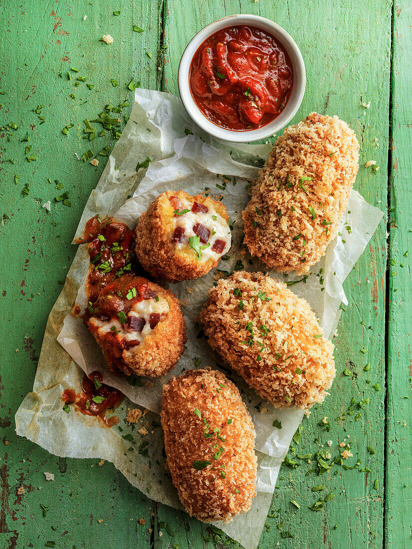 Schinkenkroketten mit Tomatensauce