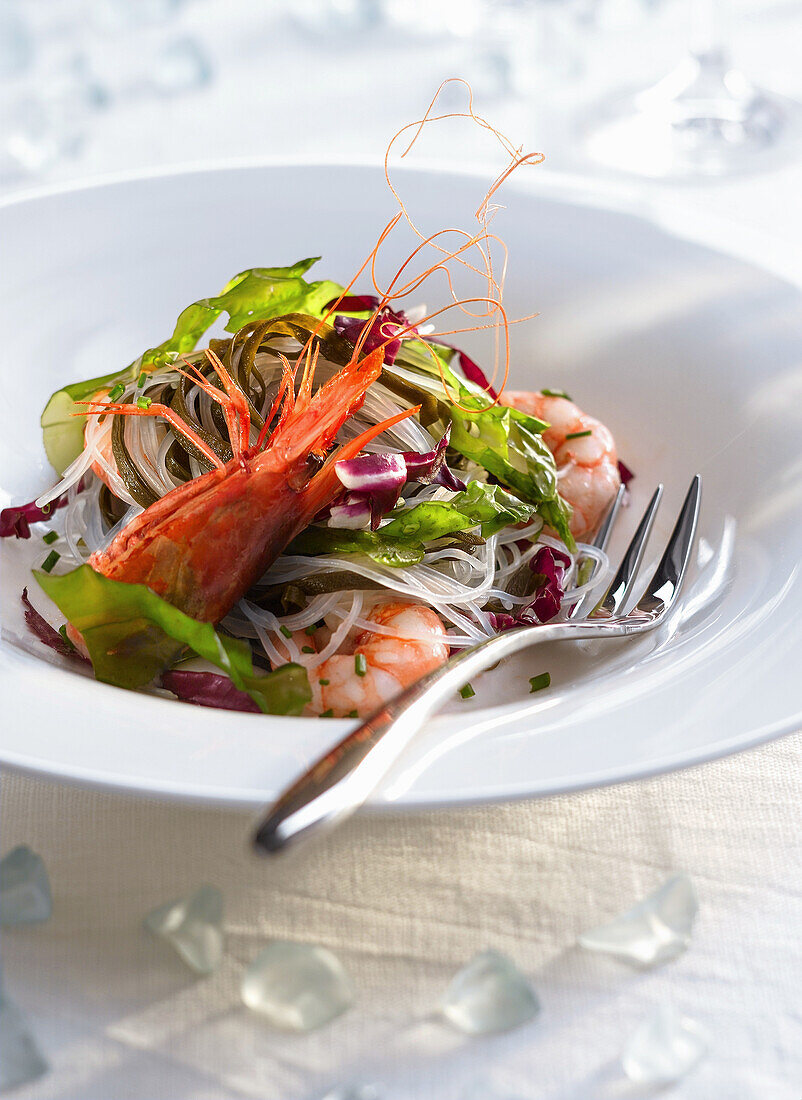 Prawn and seaweed salad with glass noodles