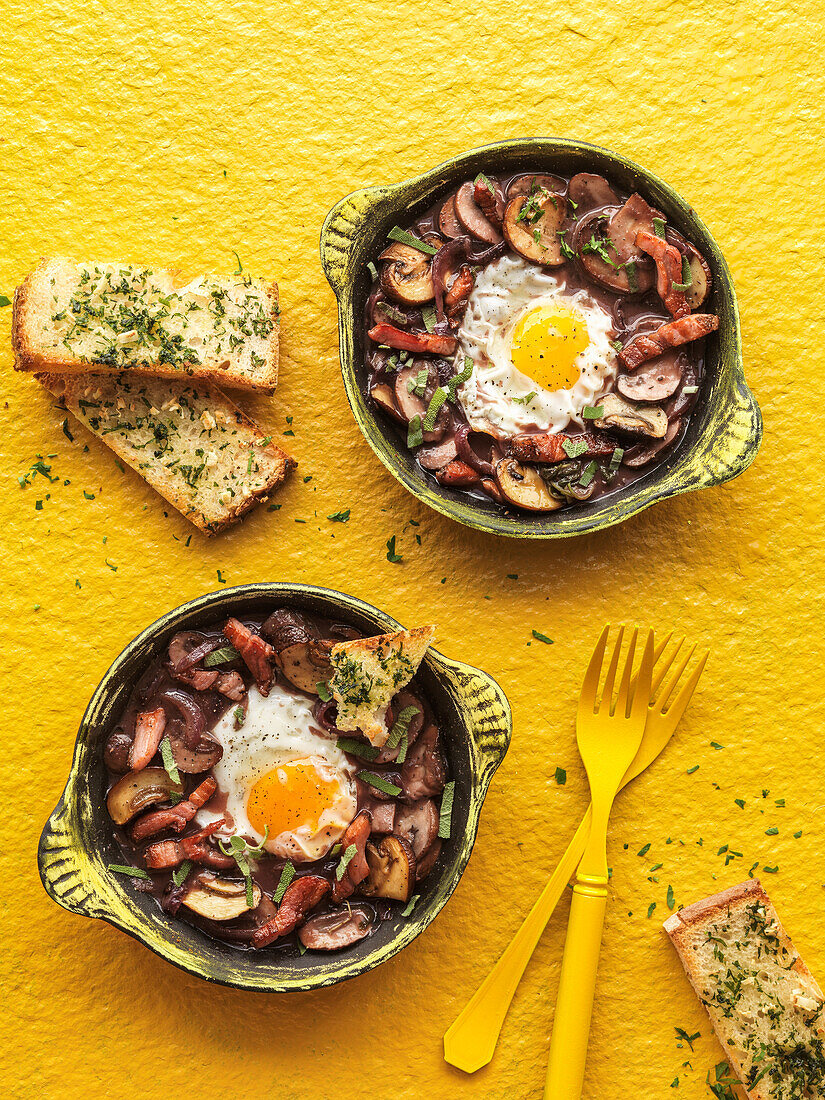 Oven baked eggs with mushrooms and bacon