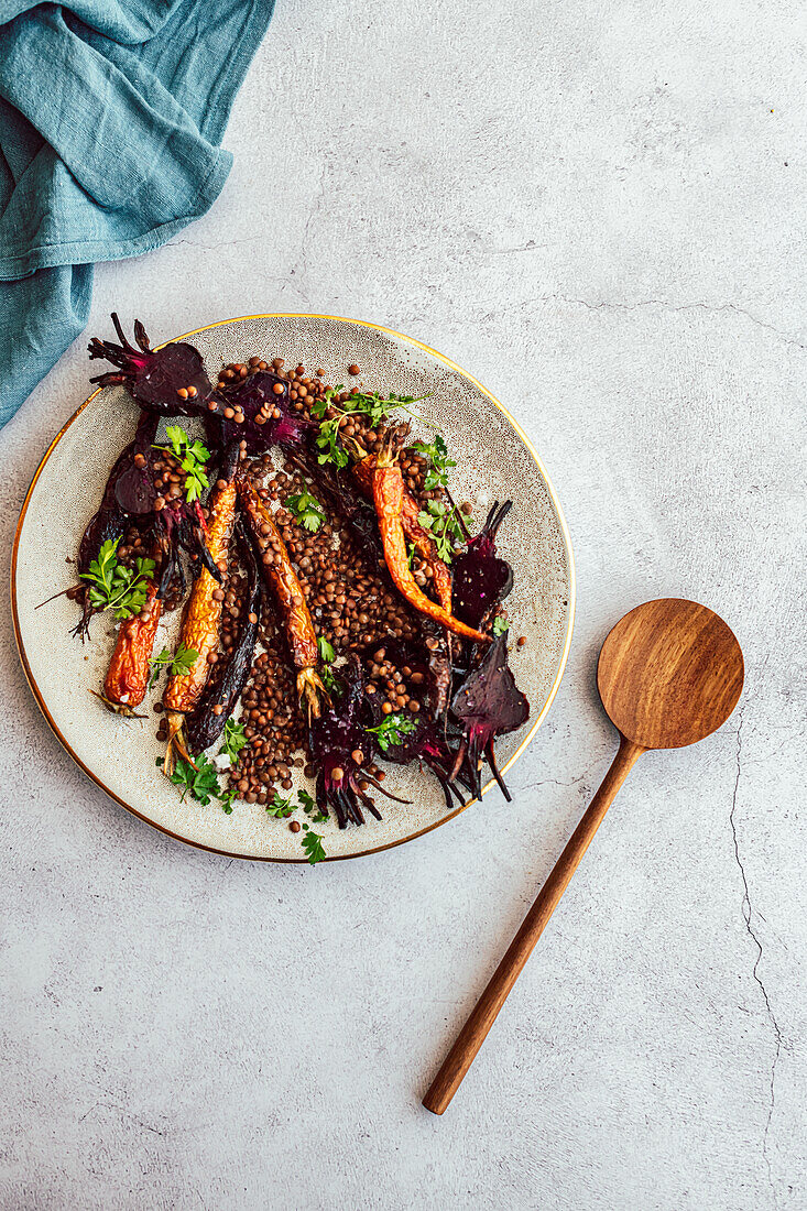 Lentil salad with roasted carrots and beetroot