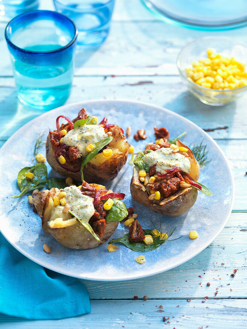 Kartoffeln gefüllt mit Mais und getrockneten Tomaten