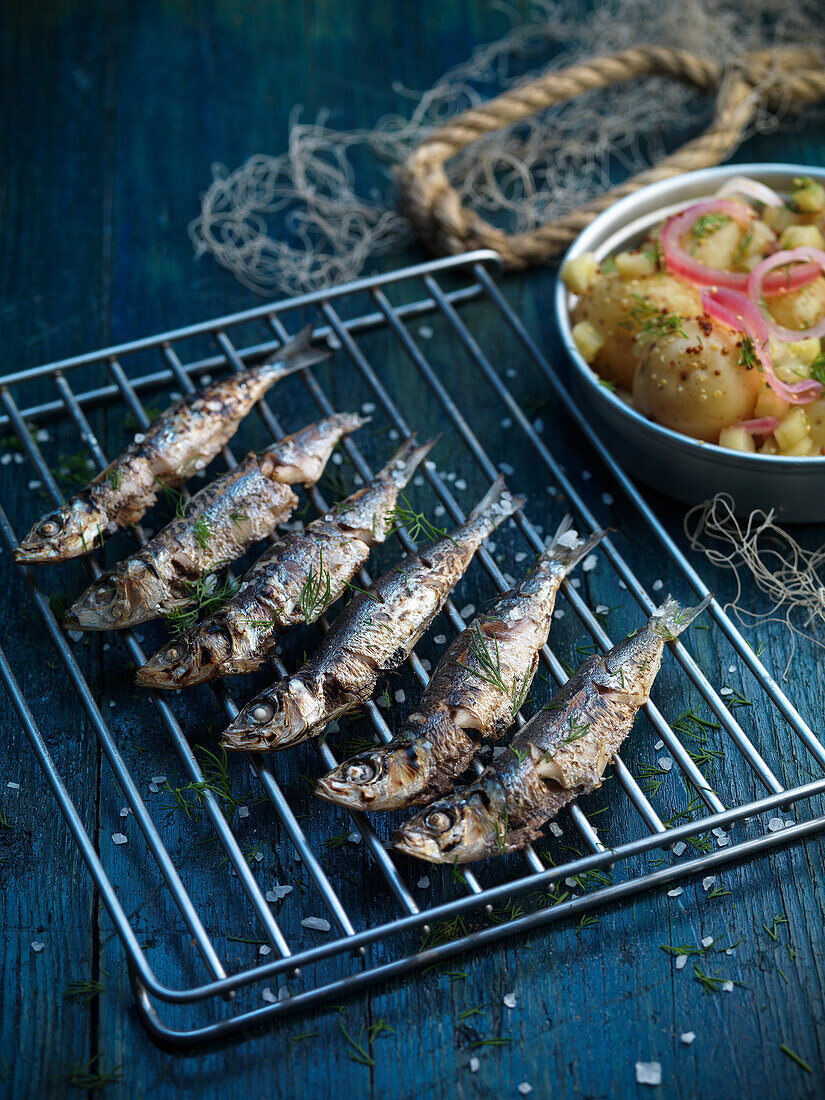 Grilled sardines on a grill rack
