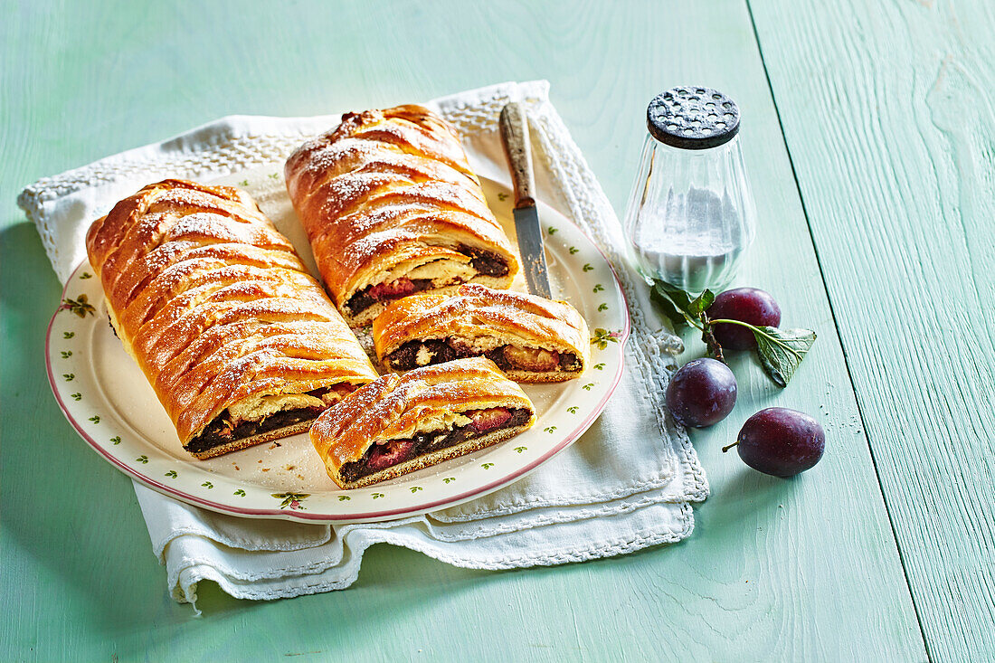 Braided poppy seed and plum strudel