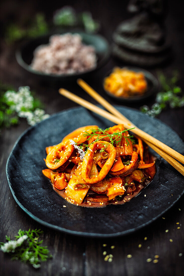 Ojinger Dobbab mit Tintenfisch, Kimchi und Gochujangsauce (Korea)