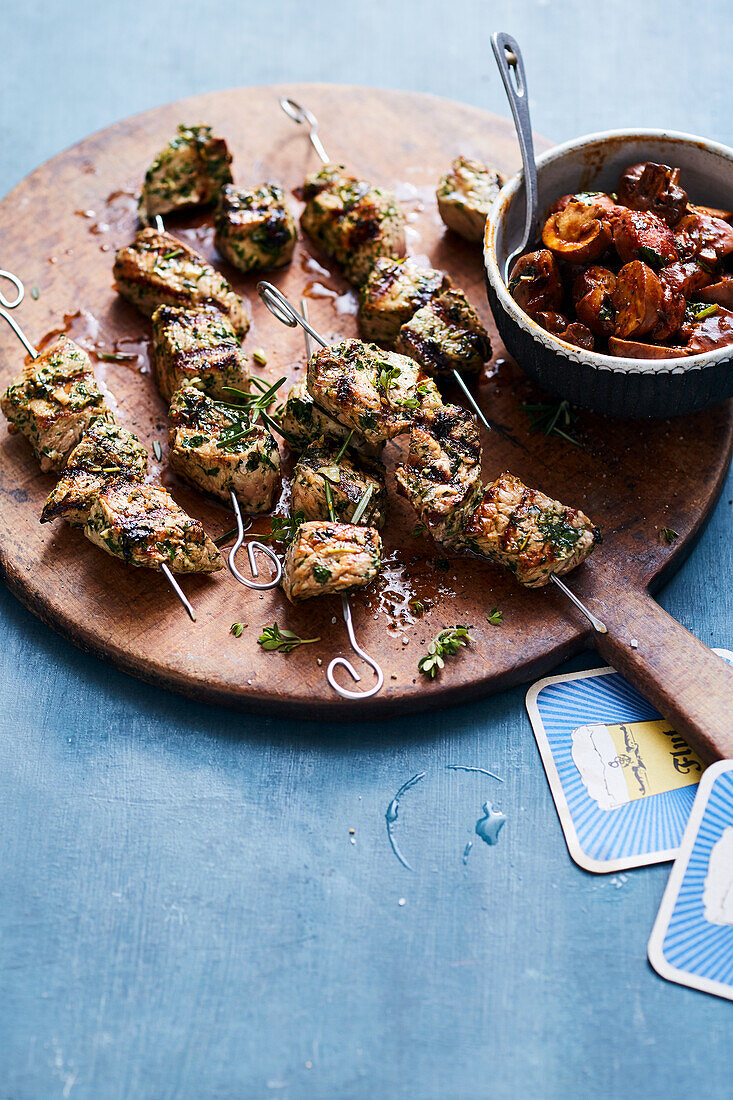 Veal skewers with a mushroom and salsiccia ragout