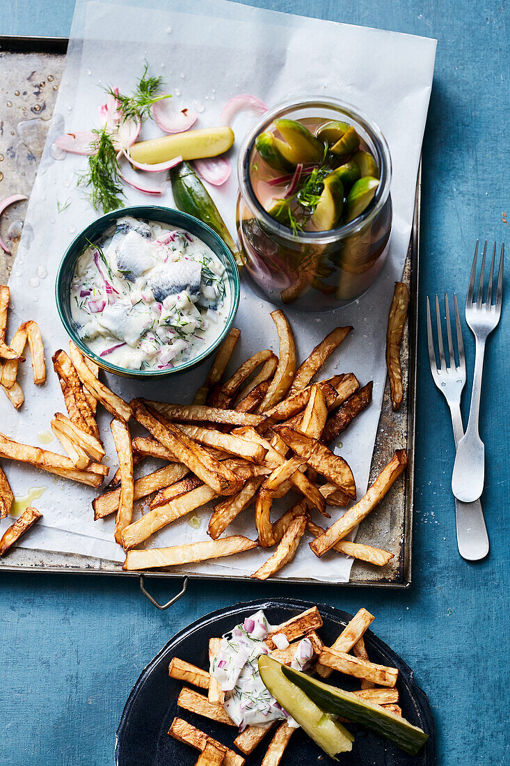 Herring salad with pickles and celery fries