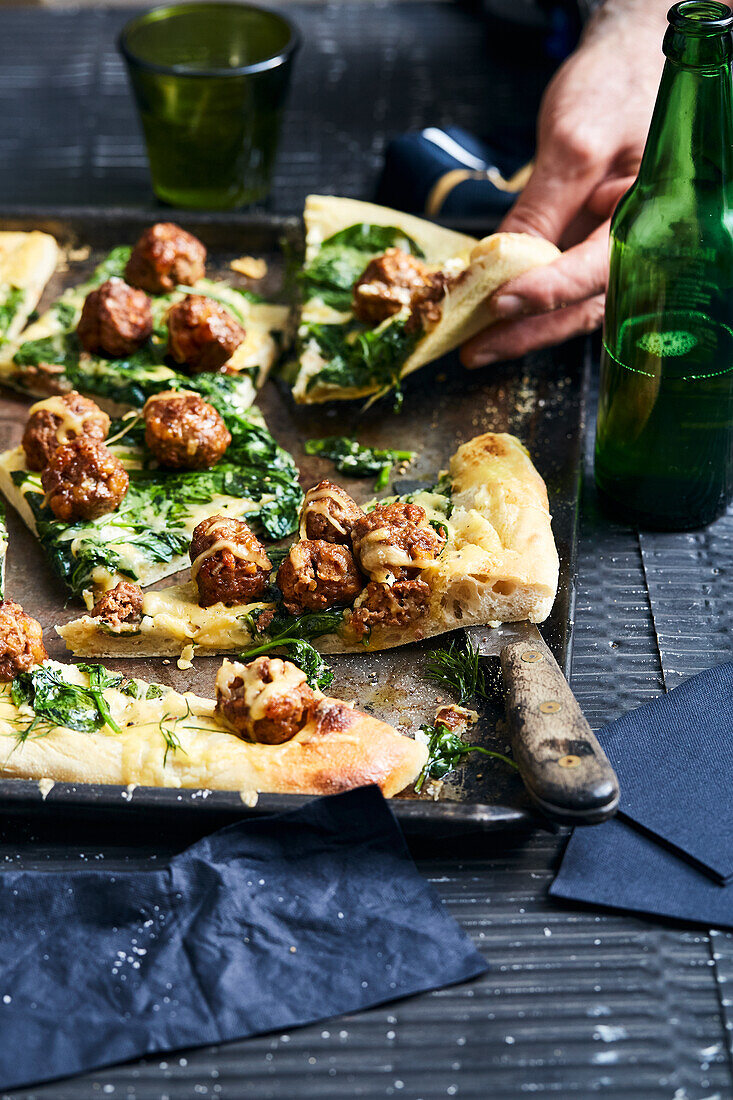 Swedish Köttbullar Pizza with spinach, sour cream and cheese