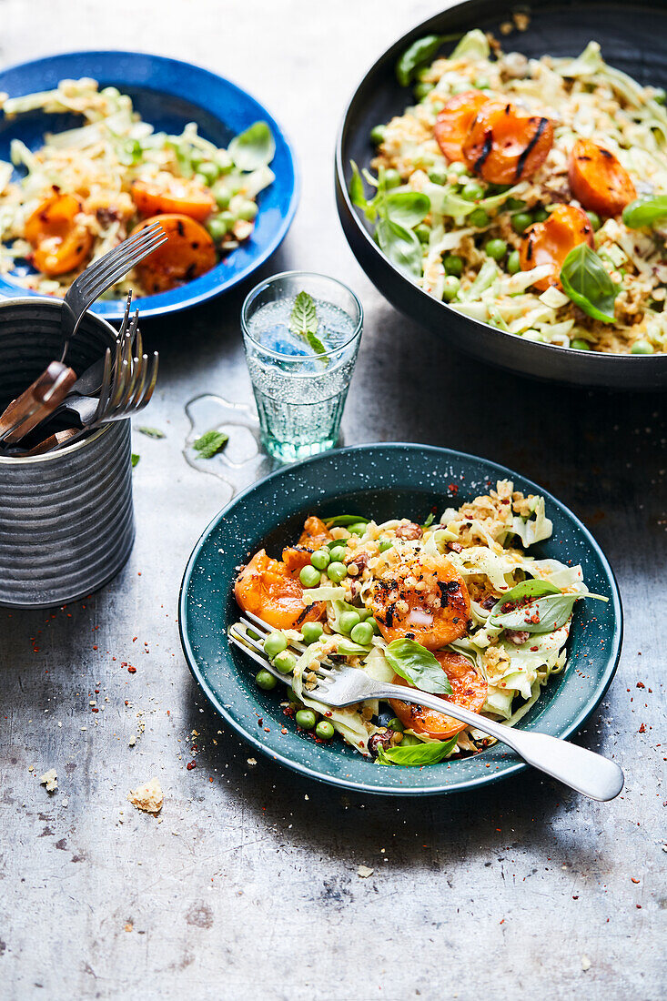 Lentil and pointed cabbage salad with grilled apricots and mustard dressing