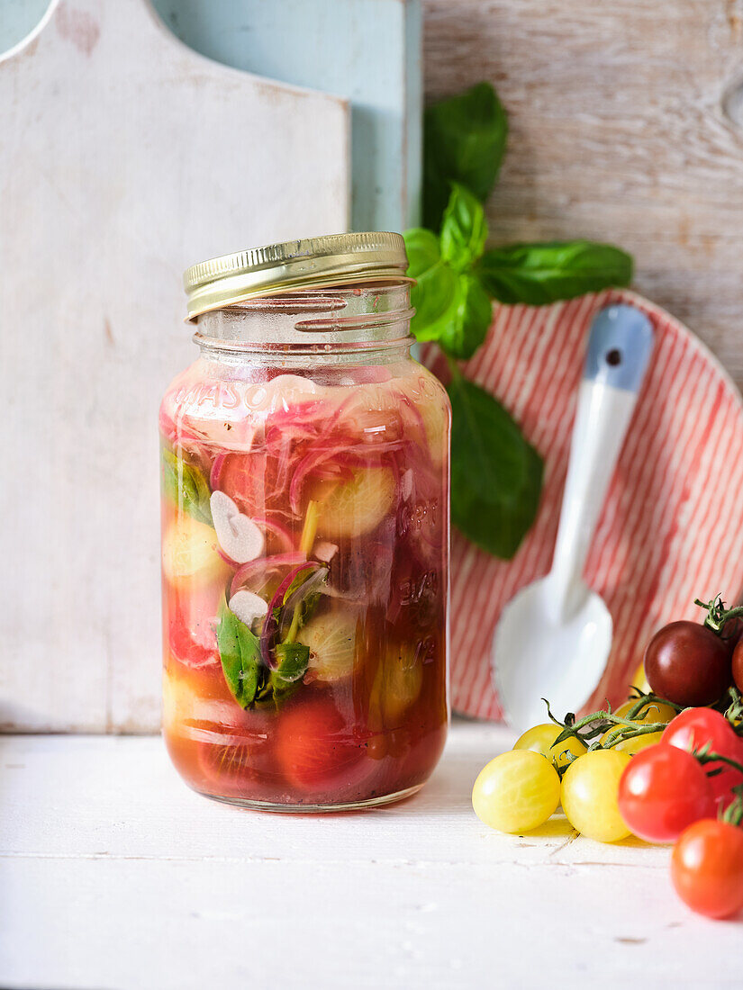 Colourful cherry tomatoes marinated in vinegar with honey