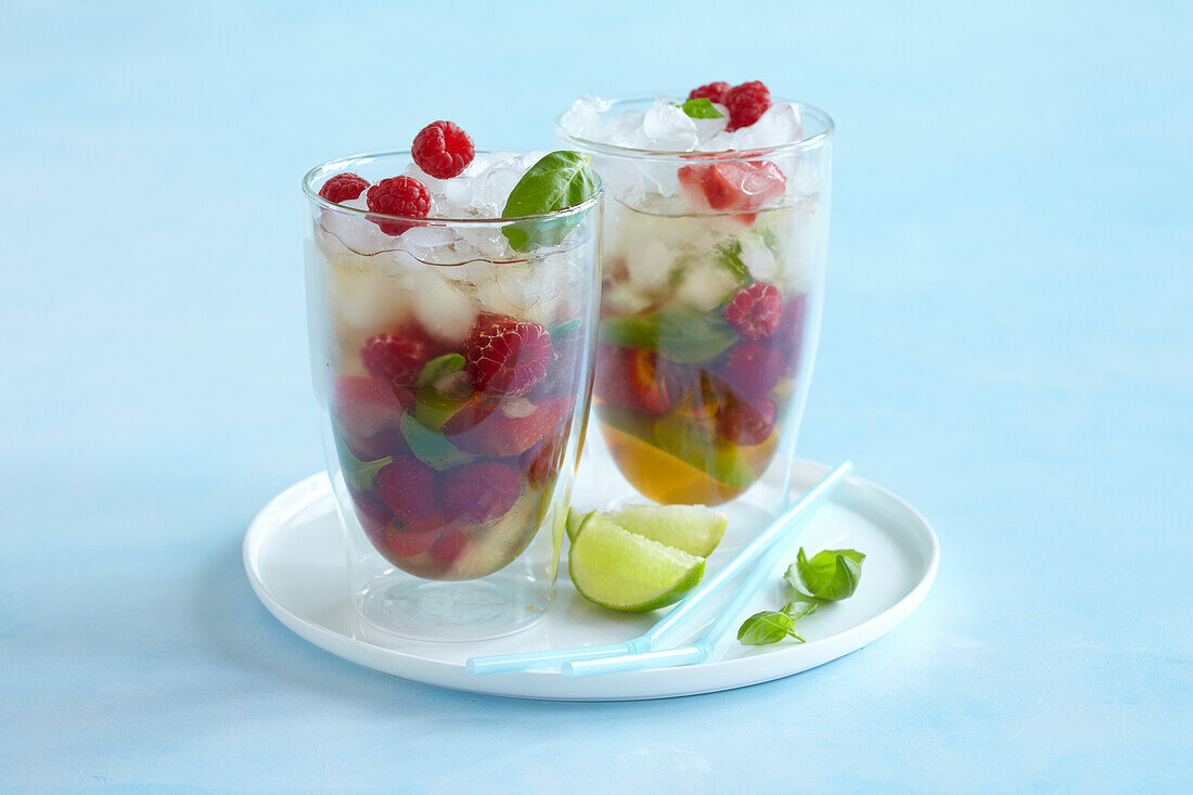 Basil mojito with fruit ice cubes