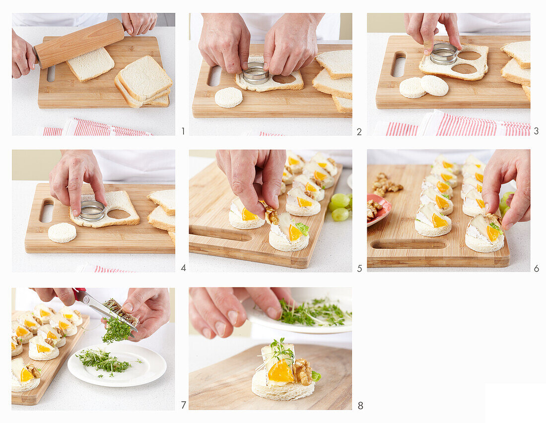 Canapes with cheese brie and fruits - step by step