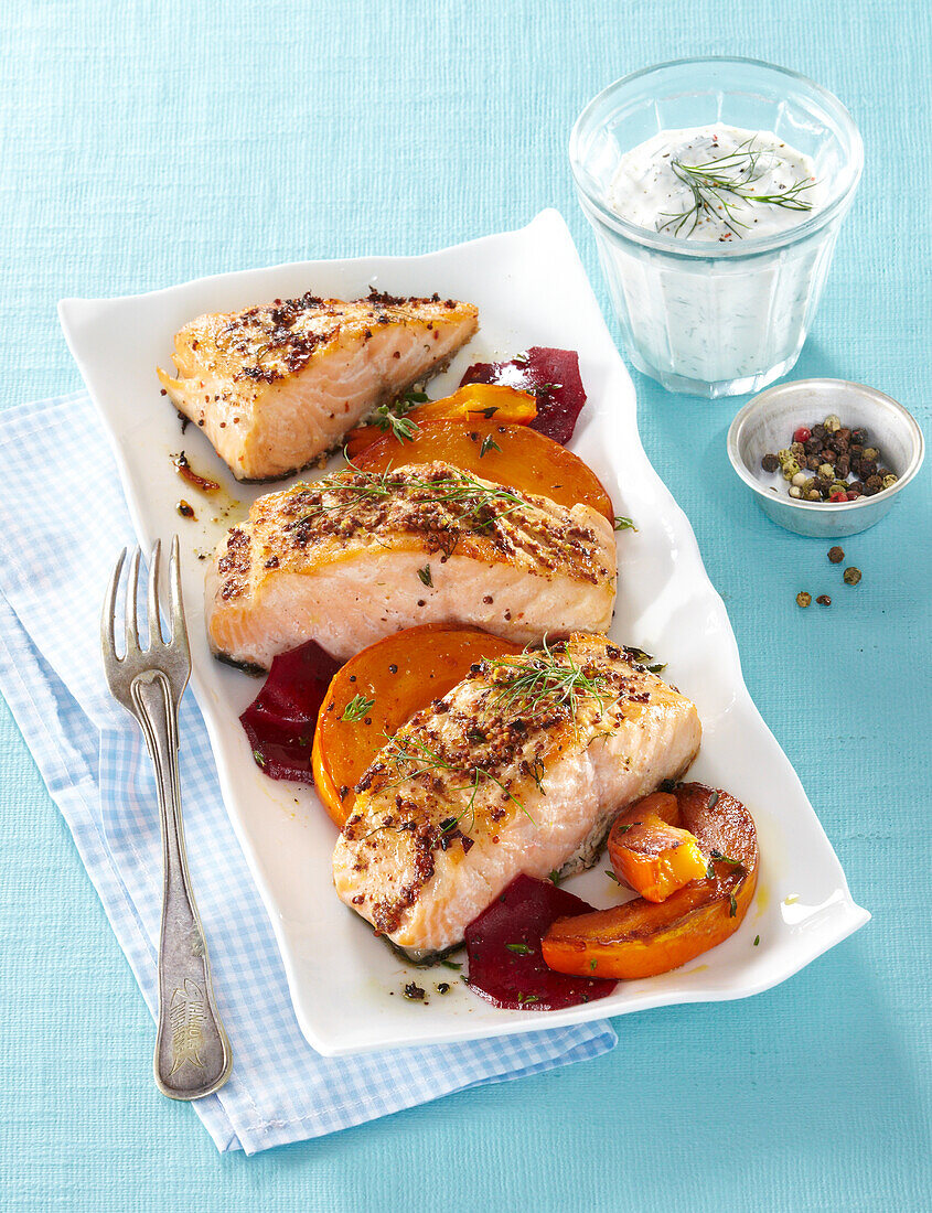 Salmon with baked pumpkin and beetroot