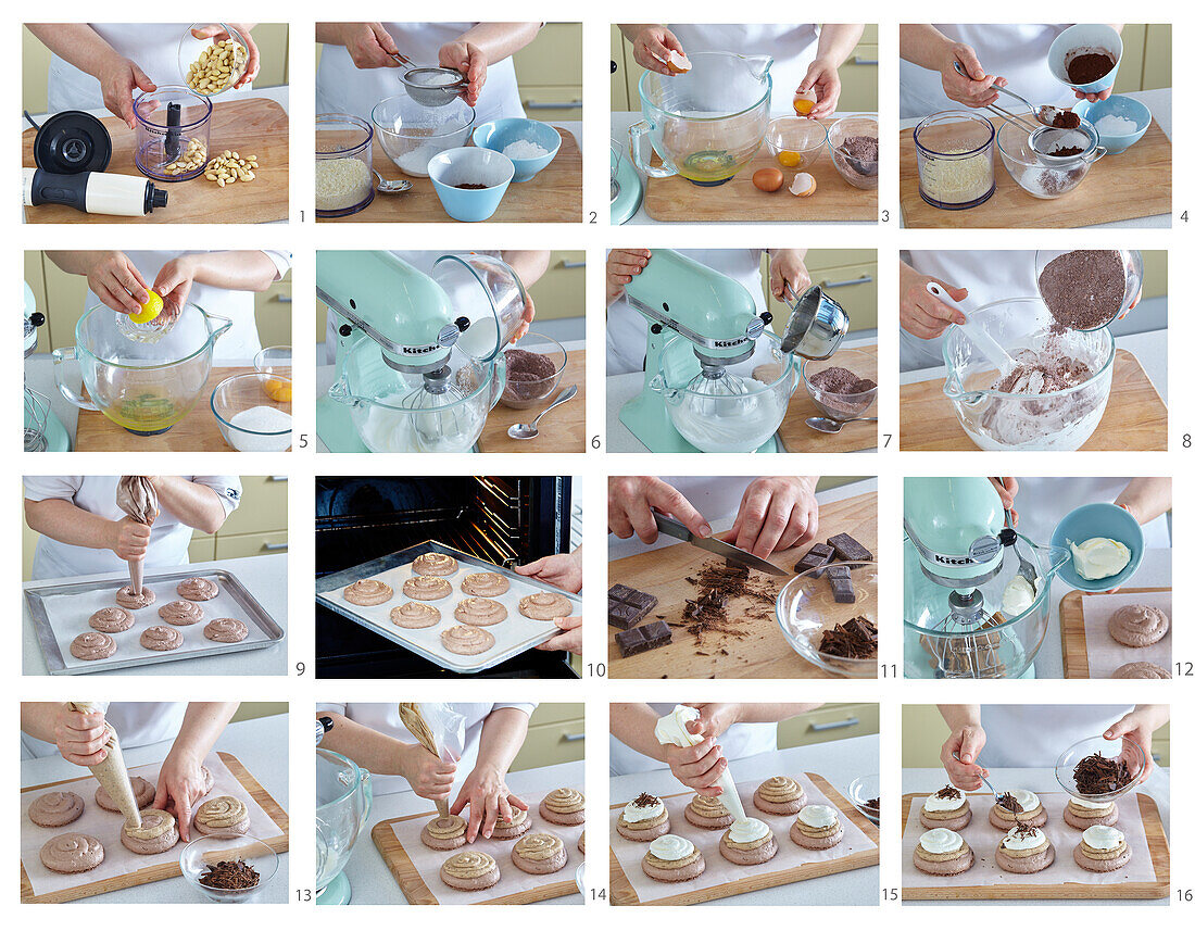 Cocoa meringues with maroon cream and whipped cream - step by step