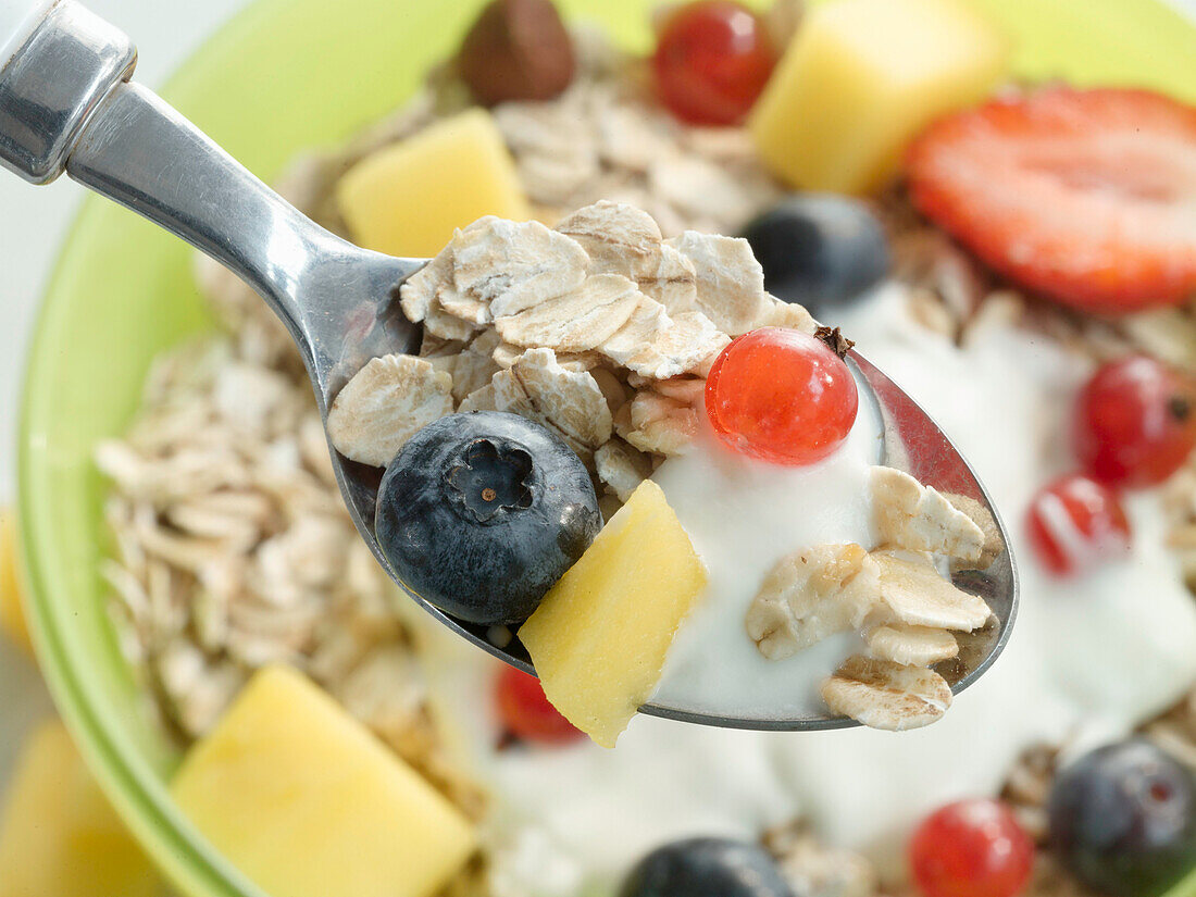 Haferflocken mit frischen Früchten und Milch