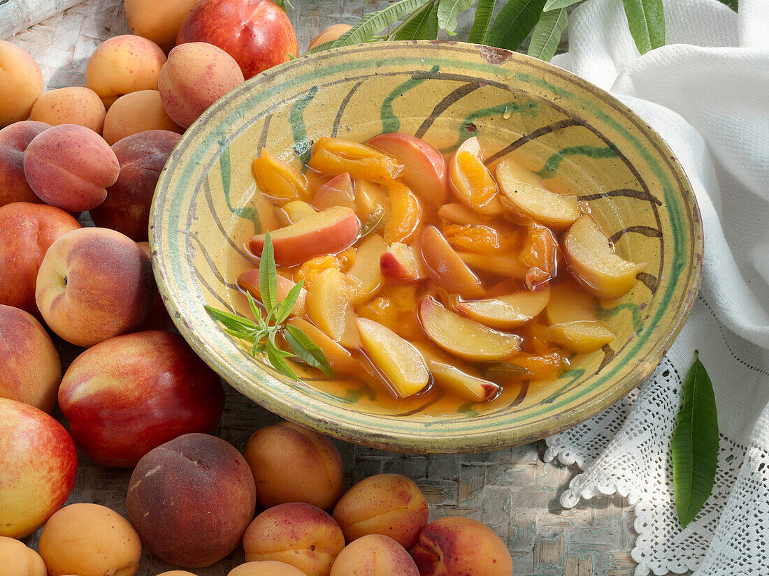 Peach compote with lemon verbena (Aloysia)