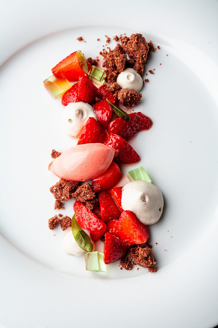 Strawberry sorbet with woodruff cream and chocolate crumble