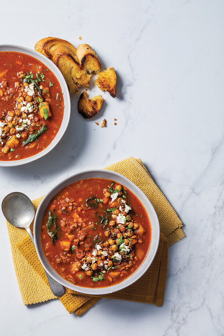 Smoky lentil and barley soup with crispy chickpeas and feta