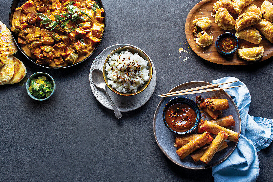 Frühlingsrollen und Empanadas mit Fleischfüllung, vegetarisches Korma