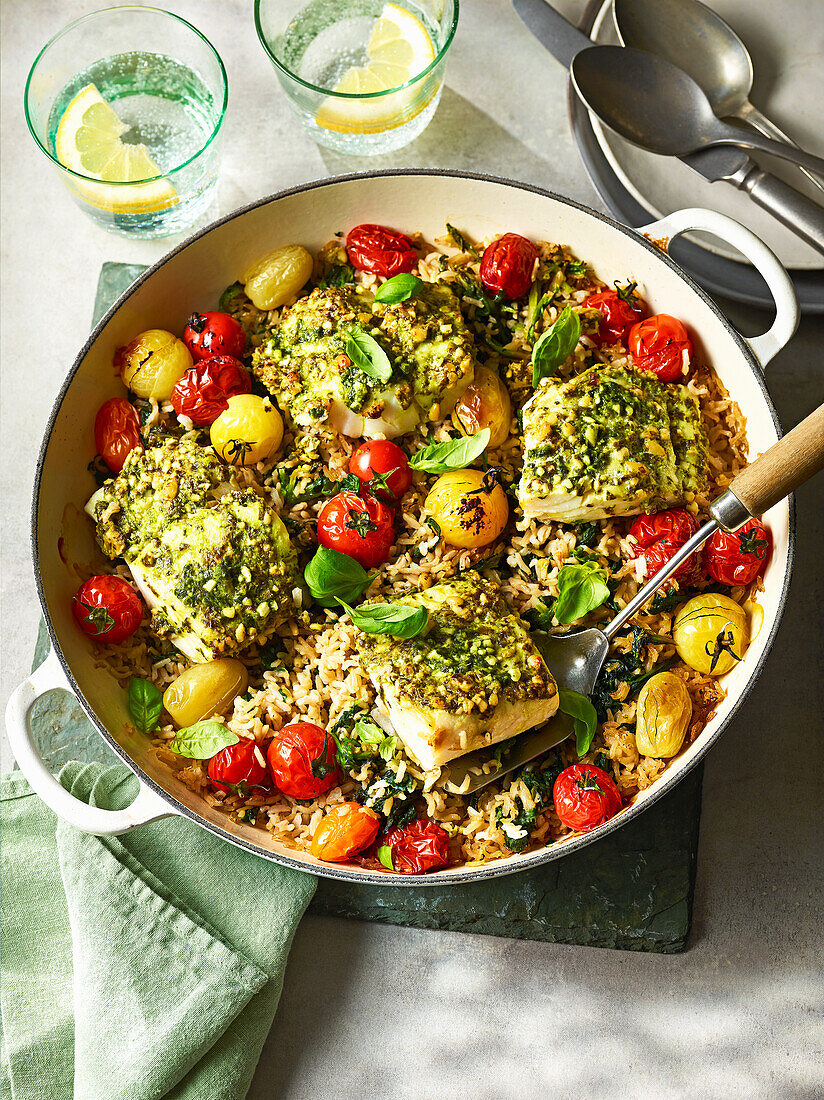 One-pan pesto and cod rice