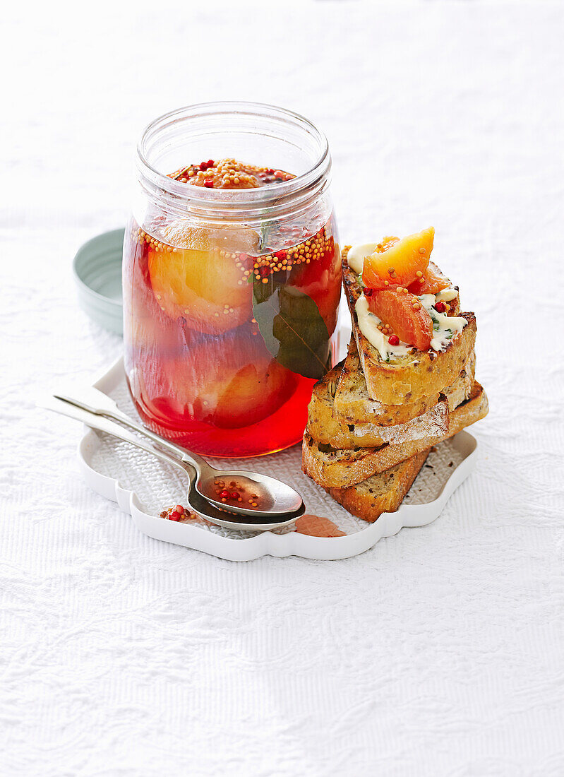 Pickled peaches with whipped cheese