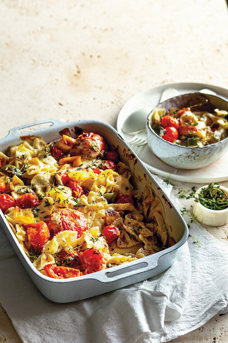 No-fuss baked farfalle with roasted peppers and tomato