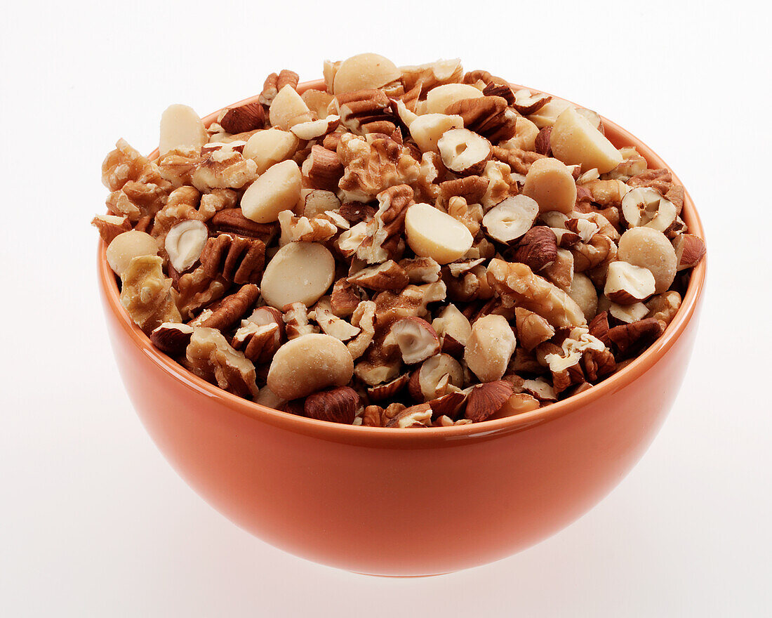 Coarse chopped mixed nuts in a bowl