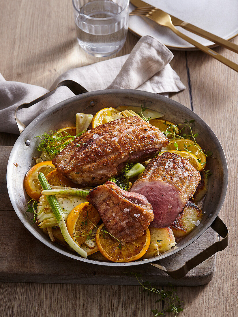 Goose breast roasted on fennel and oranges